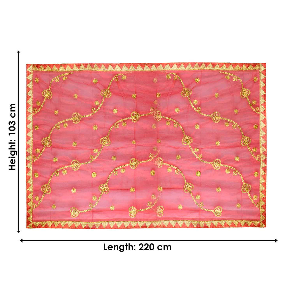 Divine Mata Ki Chunri in a striking red-pink shade, adorned with intricate golden embroidery featuring symmetrical floral and chain motifs. Measuring 220 cm (87 inches) in length and 103 cm (40 inches) in height, this Chunri is ideal for Mata Rani’s Prasad, temple offerings, and Devi puja during Navratri. The border showcases a traditional golden triangular pattern, adding a regal touch.

Shop Matarani Ki Chunri, Mata Ki Chunni Online, Mata Ki Chunni Big Size, and more at Satvik Store. Discover the perfect 