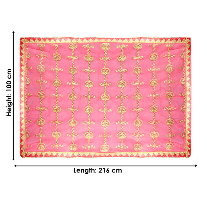 Premium Mata Ki Chunri with golden embroidered vertical patterns featuring traditional floral and swirl designs. This Chunri measures 216 cm (85 inches) in length and 100 cm (39 inches) in height, making it ideal for Devi Puja, temple offerings, and festive celebrations like Navratri and Durga Puja. The rich golden border enhances its elegance and sacred significance.

Shop Big Size Mata Ki Chunri, Devi Chunri for Puja, and more at Satvik Store. A perfect offering for temple rituals and religious ceremonies