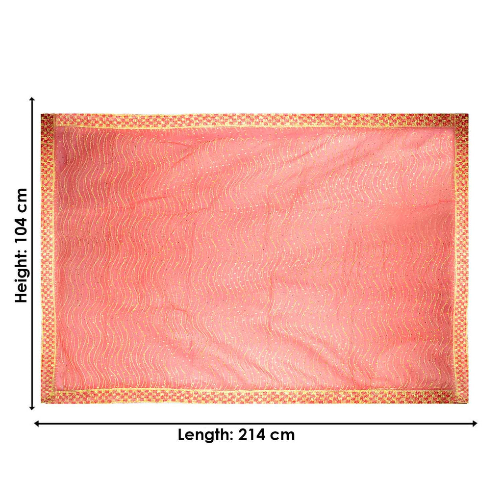 Traditional Mata Ki Chunri in red and gold, measuring 214 cm (84 inches) in length and 104 cm (41 inches) in height. Designed with intricate golden embroidery and a decorative border, this auspicious dupatta is ideal for pooja rituals, temple offerings, and festive occasions. Available at Satvik Store.