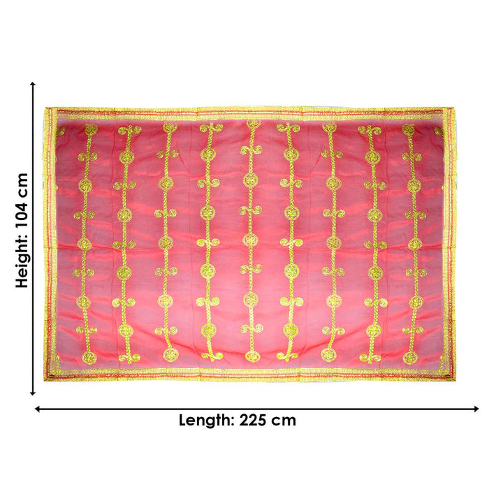 Beautiful Mata Ki Chunri with intricate golden embroidery in vertical patterns, featuring floral and swirl motifs. Measuring 225 cm (89 inches) in length and 104 cm (41 inches) in height, this Chunri is perfect for Devi puja, temple offerings, and festive occasions like Navratri and Durga Puja. The shimmering golden border enhances its divine appeal.

Shop Big Size Mata Ki Chunri, Devi Chunri for Puja, and more at Satvik Store. An ideal offering for temple rituals and sacred ceremonies