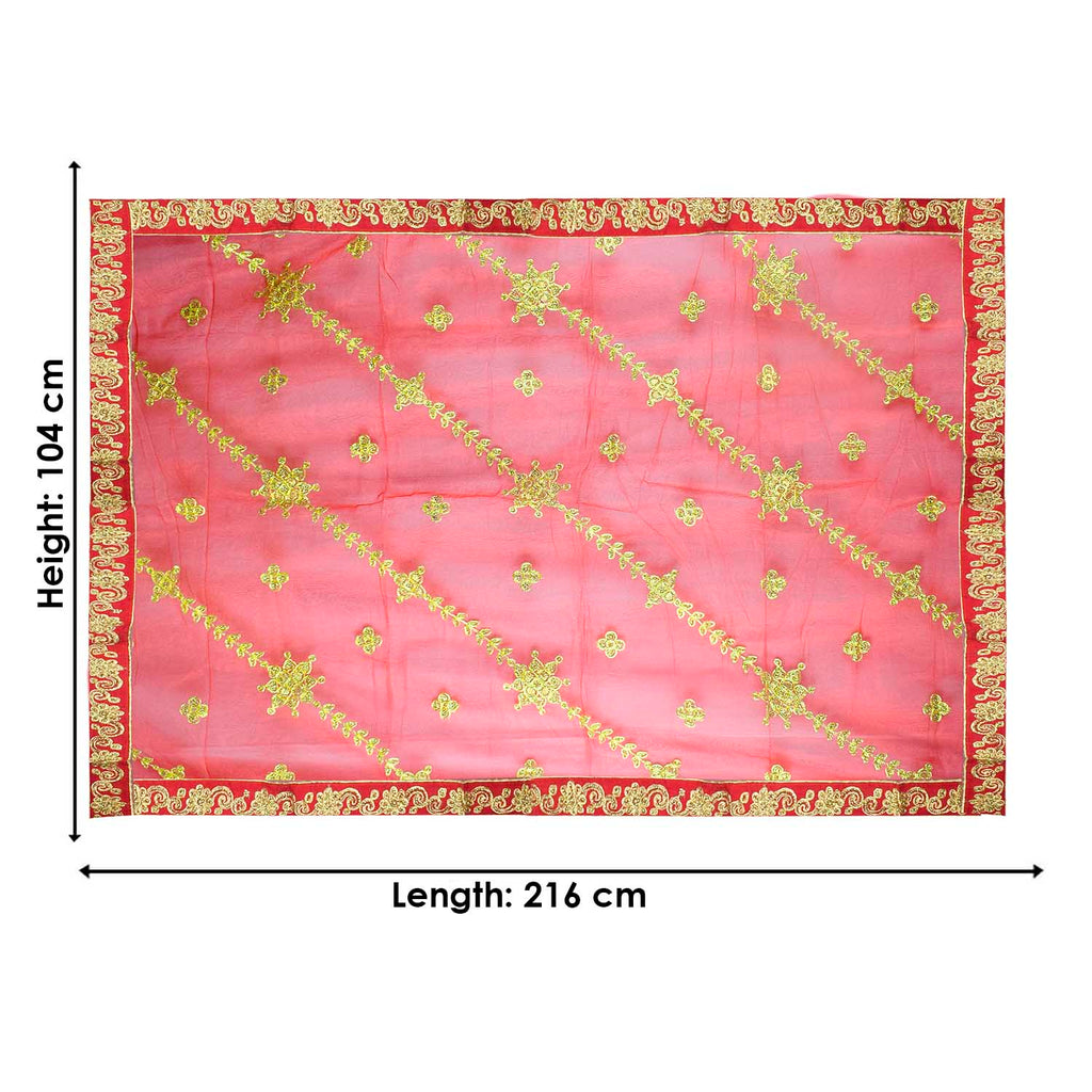 Graceful Mata Ki Chunri adorned with intricate golden embroidery, ideal for Devi Puja, temple offerings, and religious ceremonies. Measuring 216 cm (85 inches) in length and 104 cm (41 inches) in height, this Chunri is crafted from high-quality fabric with elegant gold detailing. Perfect for Navratri, Durga Puja, and festive decorations.

Shop Premium Mata Ki Chunri, Designer Devi Chunri, and more at Satvik Store for authentic spiritual products