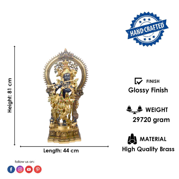 Bring divine elegance into your home with this stunning 32-inch Lord Krishna statue. Expertly crafted with intricate details, the statue beautifully portrays Lord Krishna in a serene and graceful stance. The engraved base adds a touch of traditional artistry, while the surrounding frame enhances its majestic presence.