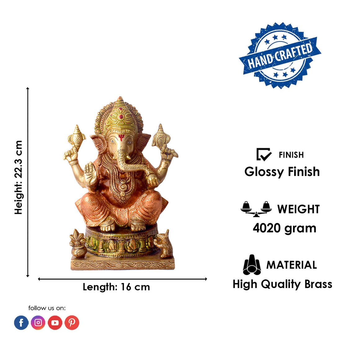 Large Brass Idol of Colored Brass Ganesh Statue. Enhance your home with the vibrant charm of this Colored Brass Ganesh Statue, a perfect fusion of tradition and artistry. Crafted from high-quality brass and adorned with vivid hand-painted colors, this exquisite idol beautifully represents Lord Ganesha, the remover of obstacles and symbol of prosperity. 