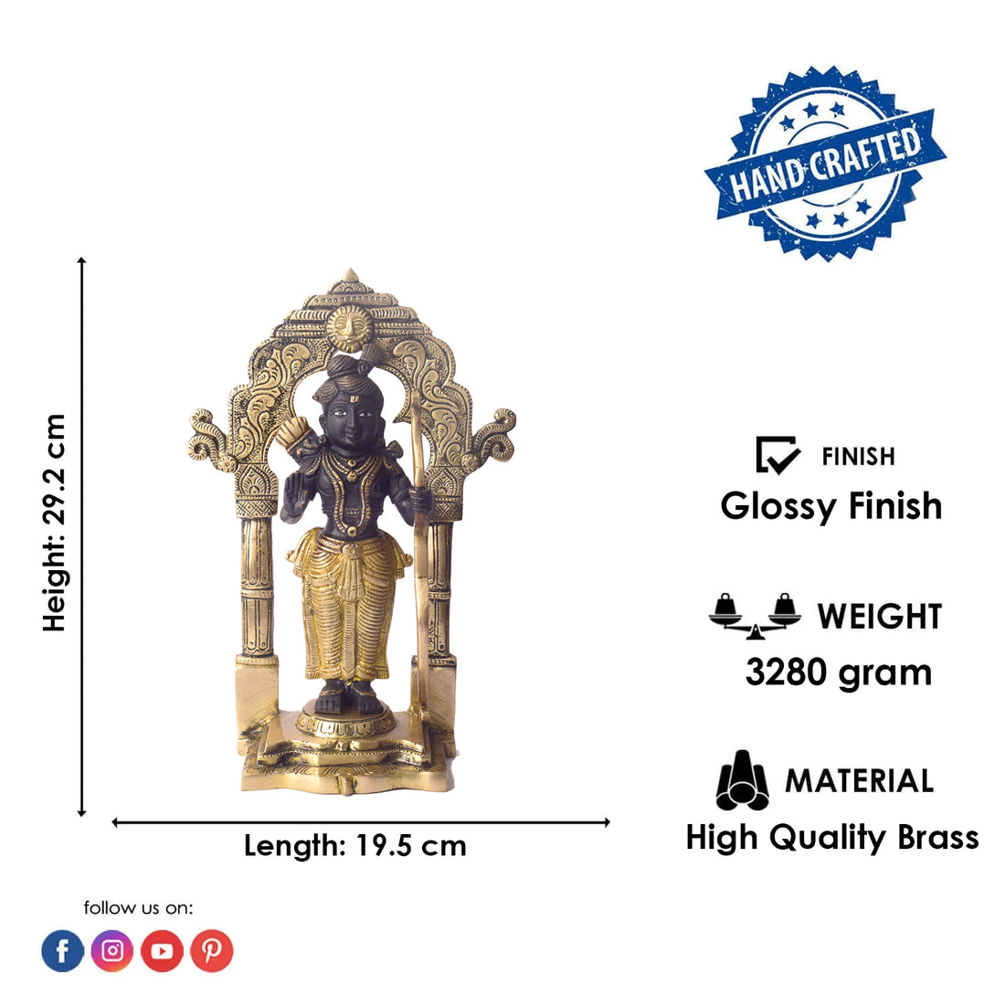 11.4 Inch Handcrafted Black Brass Ram Lala Statue for Worship and Decor