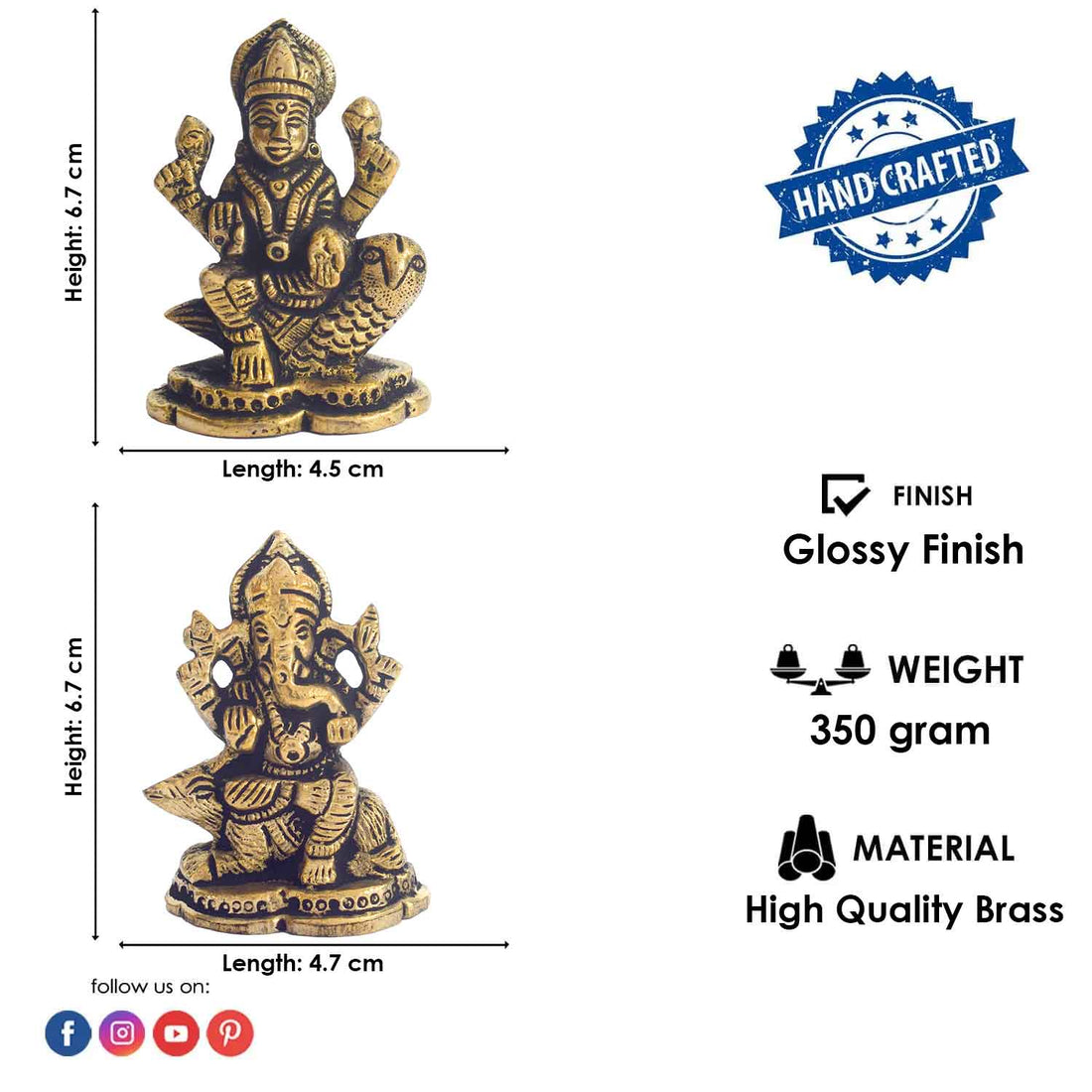 2.6 Inch Majestic Brass Lakshmi Ganesha Car dashboard Idol