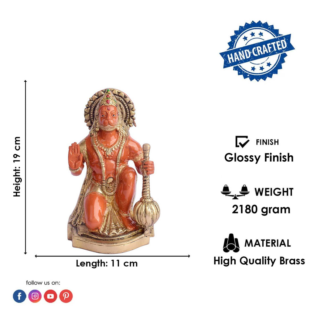 7.5 Inch Kesari Nandan Hanuman Ji Sitting Brass Murti