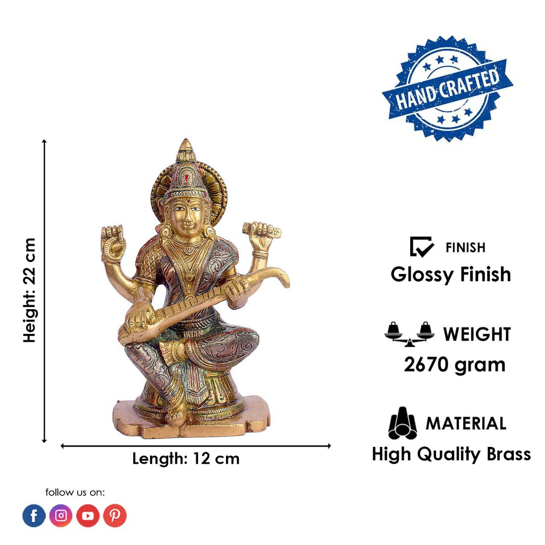 8.7 Inch Divine Brass Saraswati Maa Idol | Goddess Statue