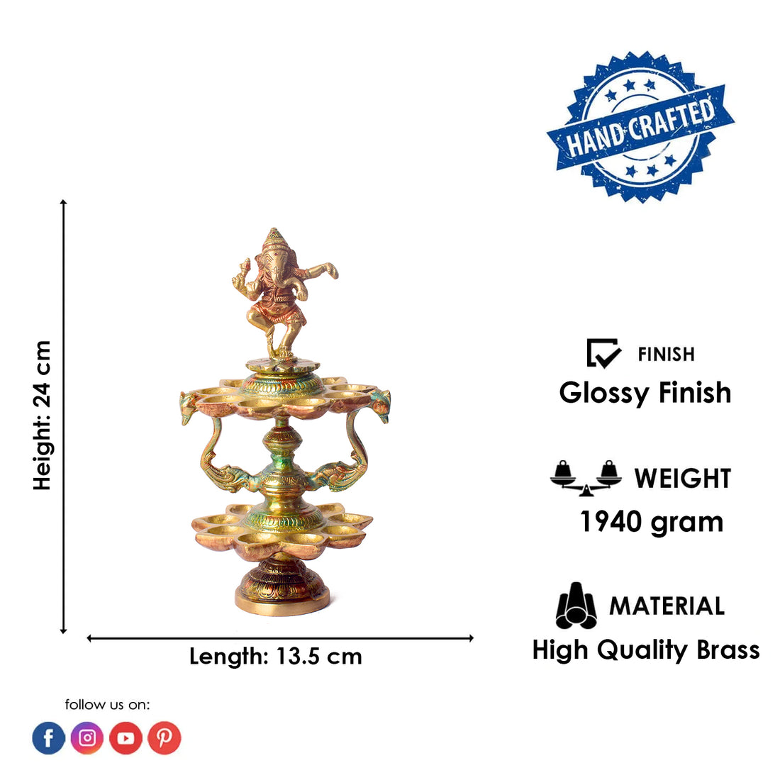 Handcrafted Brass 21 Wick Ganesha Diya – 2 Step Aarti Lamp