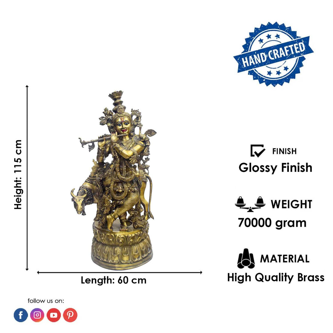 45 Inch Large Brass Krishna Flute Player with Cow Statue