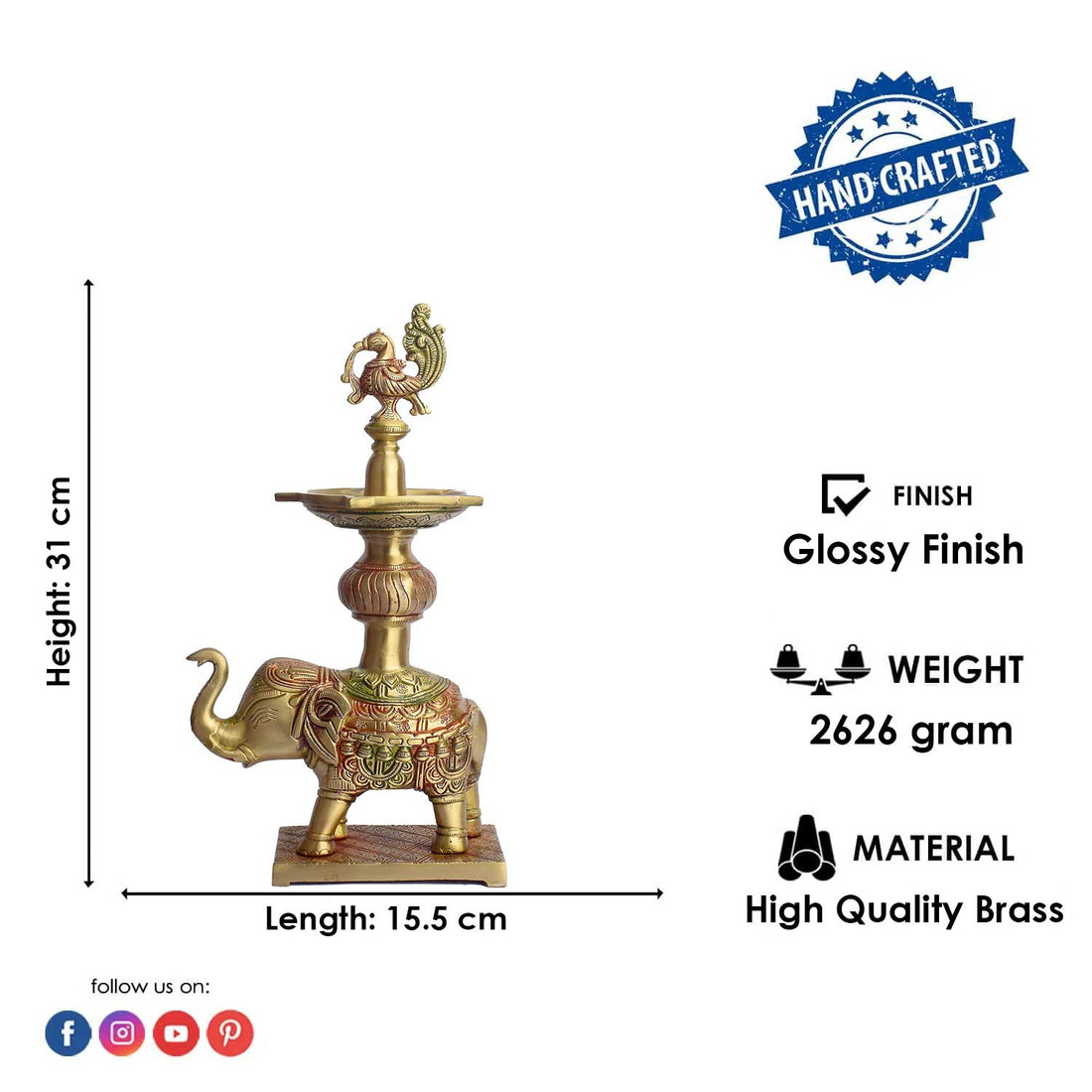 12.2 Inch Brass Elephant Diya Stand for Pooja Home Temple Décor