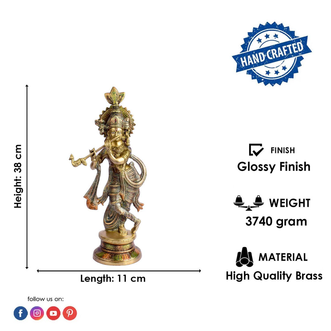 15 Inch Religious Lord Large Krishna God Brass Statue