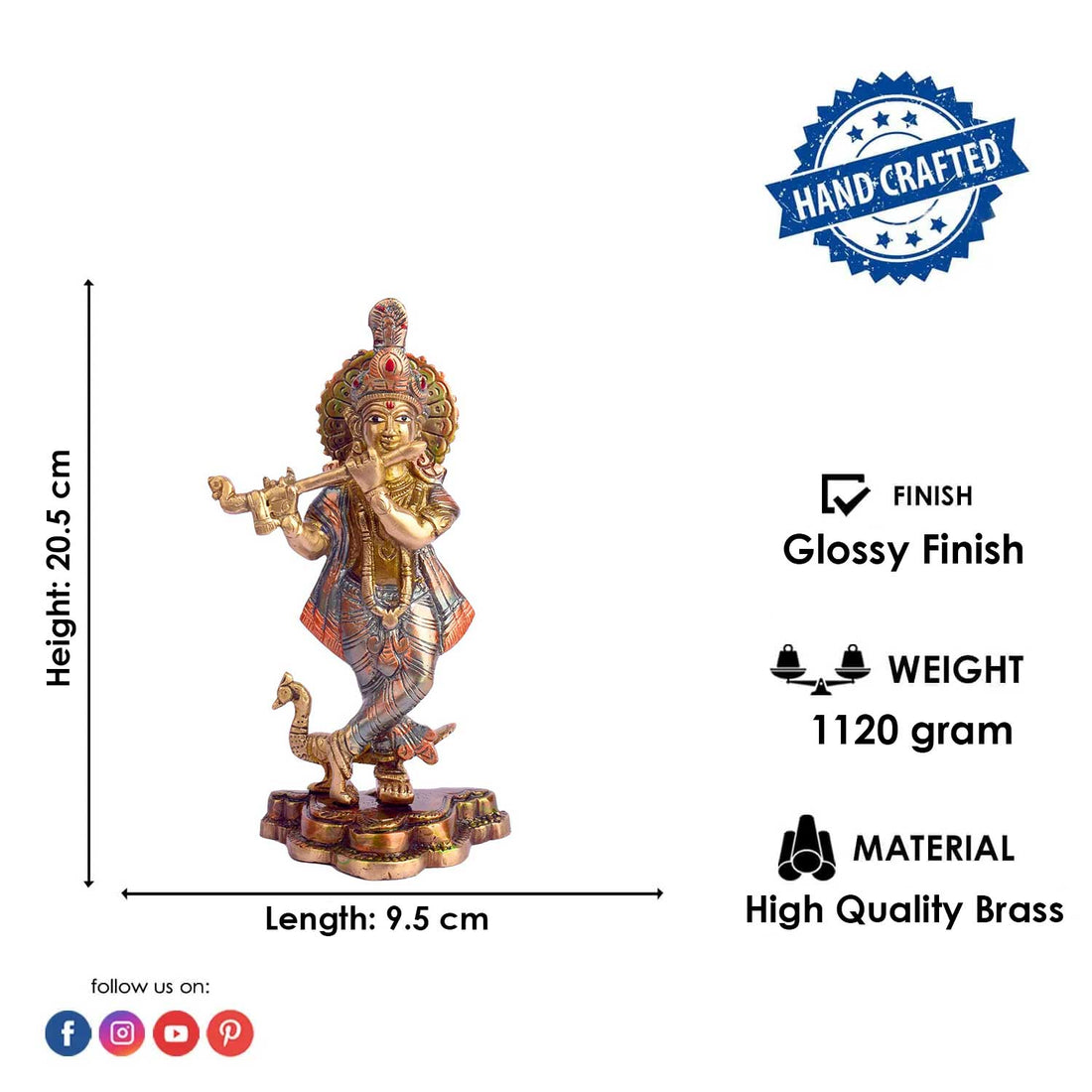 8.1 Inch Lord Krishna Brass Murti