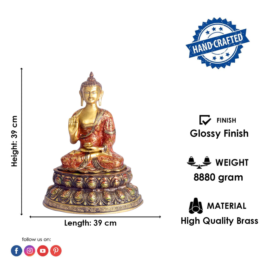 15.4 Inch brass Buddha Idol Peace and Serenity