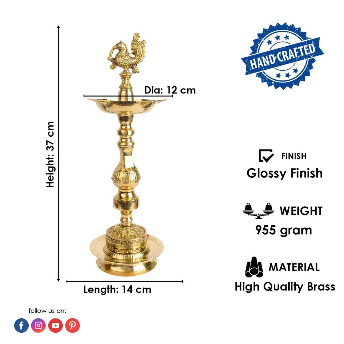 14 Inch Embossed Peacock Kerala Stand – 1 Step Brass Deepam