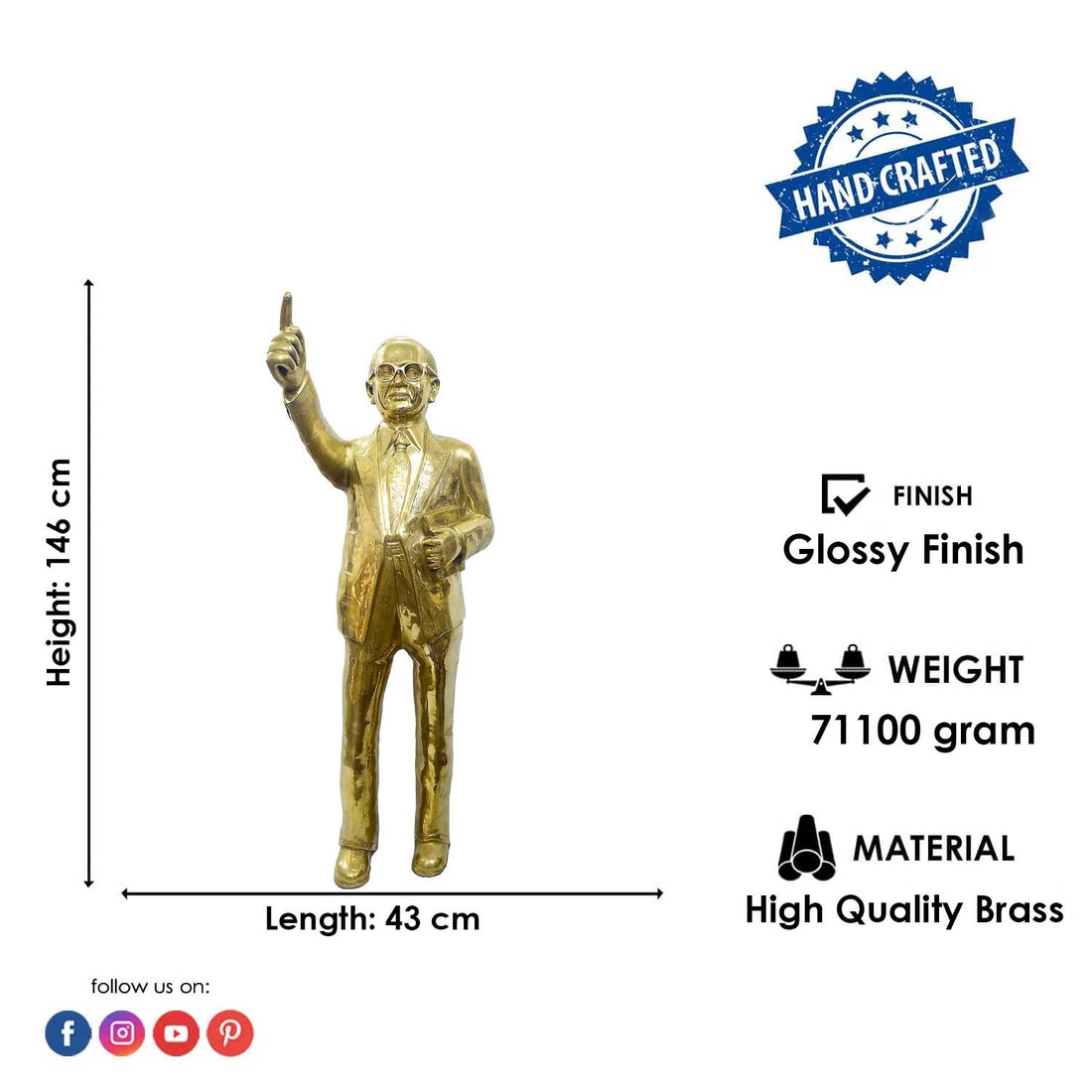 57 Inch Brass Dr. Bheemrao Ambedkar Statue - Standing Idol with Book