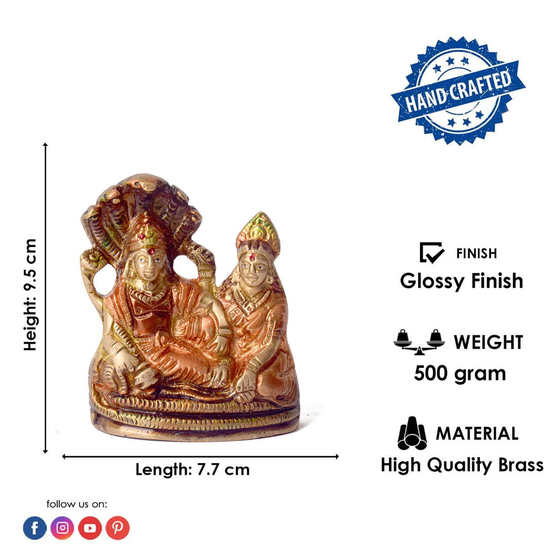 3.7 Inch Sacred Brass Vishnu Laxmi Statue - Small