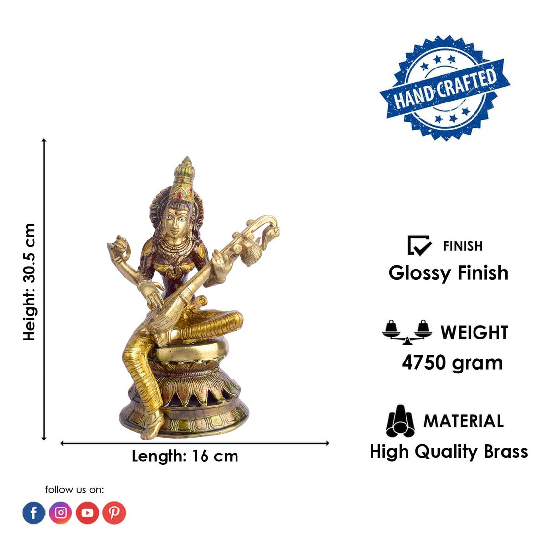 12 Inch Saraswati Mata Brass Idol / Goddess Saraswati