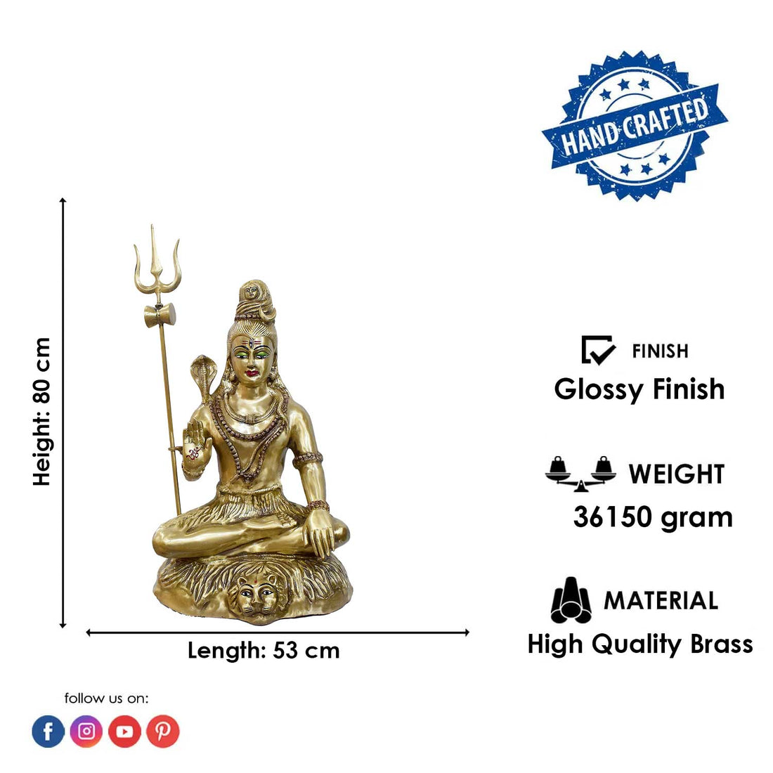 31 Inch Large Brass Lord Shiva Statue - Seated Idol with Trishul & Snake