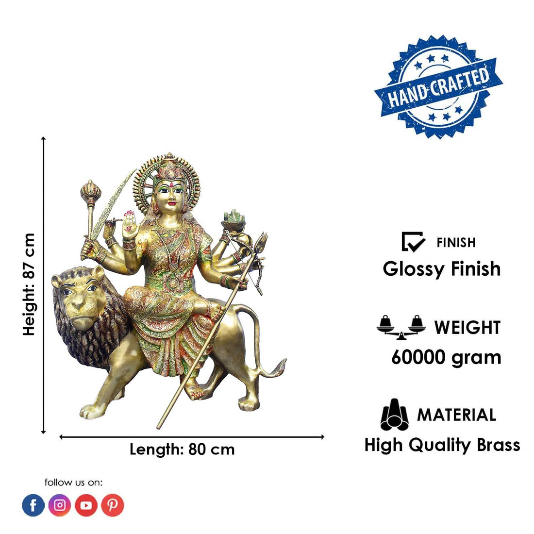 34 Inch Large Brass Sherawali Mata Statue Seated on Lion