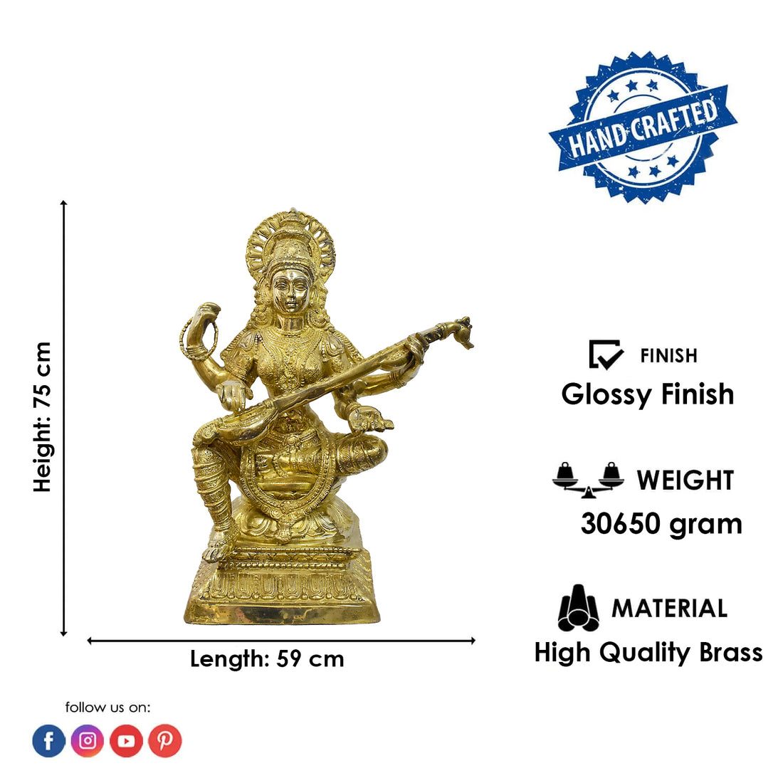 29 Inch Veena Saraswati Brass Murti – Goddess of Wisdom & Music