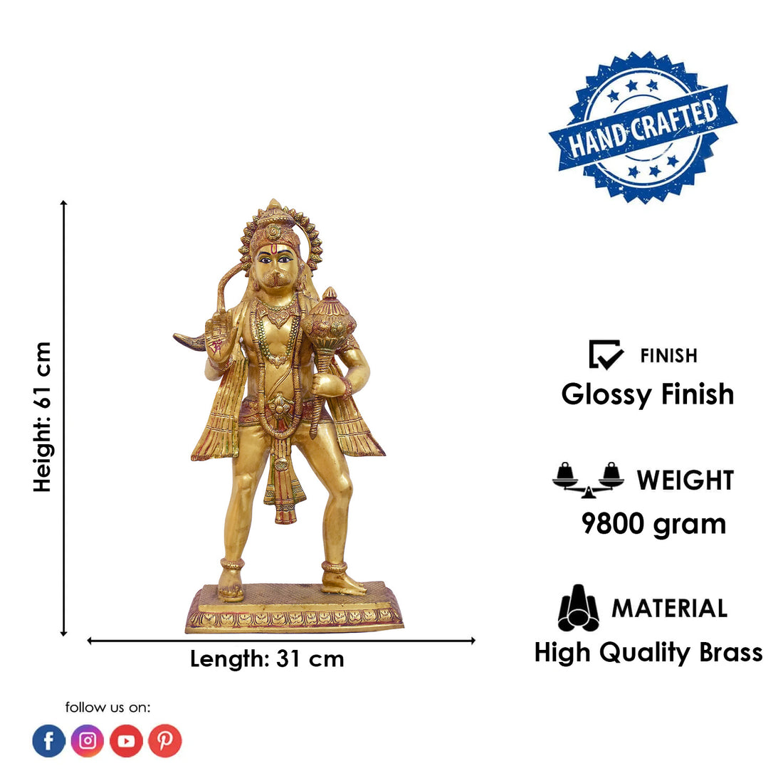 27.16 Inch Standing Brass Hanuman Statue with Gada