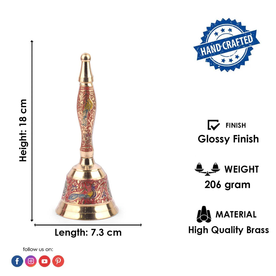 7 Inch Handcrafted Meenakari Brass Puja Bell (Red)