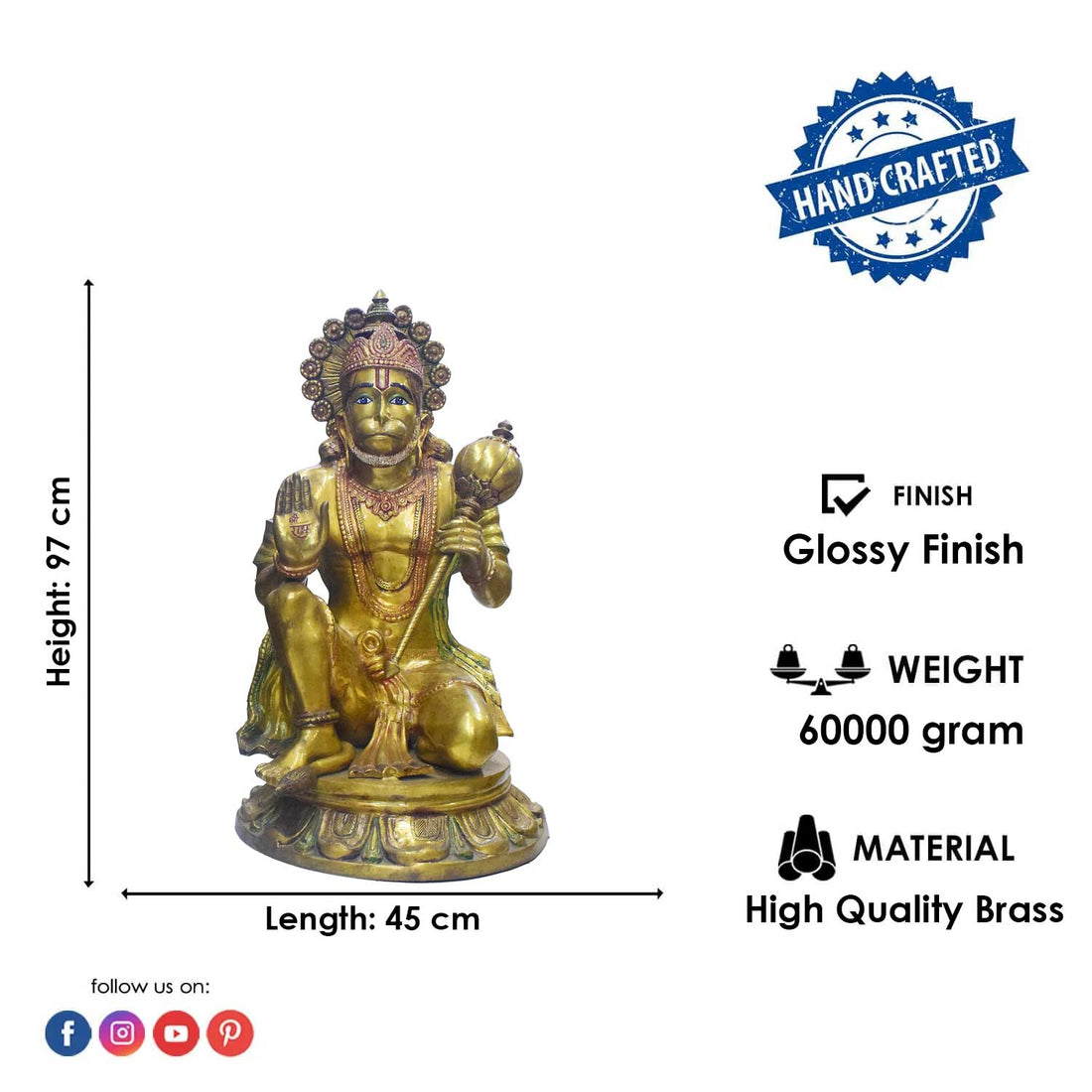 Handcrafted large brass statue of Lord Hanuman seated on a base, holding a gada (mace) and with a blessing gesture, glossy finish, weight 60000 grams (60 kg), height 97 cm (approximately 38.19 inches), length 45 cm (approximately 17.72 inches). Best for VIP Gift, best for big premium gift, best for your temple. India's Large Puja Accessories Brand - Satvikstore.in