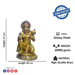 Handcrafted large brass statue of Lord Hanuman seated on a base, holding a gada (mace) and with a blessing gesture, glossy finish, weight 60000 grams (60 kg), height 97 cm (approximately 38.19 inches), length 45 cm (approximately 17.72 inches). Best for VIP Gift, best for big premium gift, best for your temple. India's Large Puja Accessories Brand - Satvikstore.in