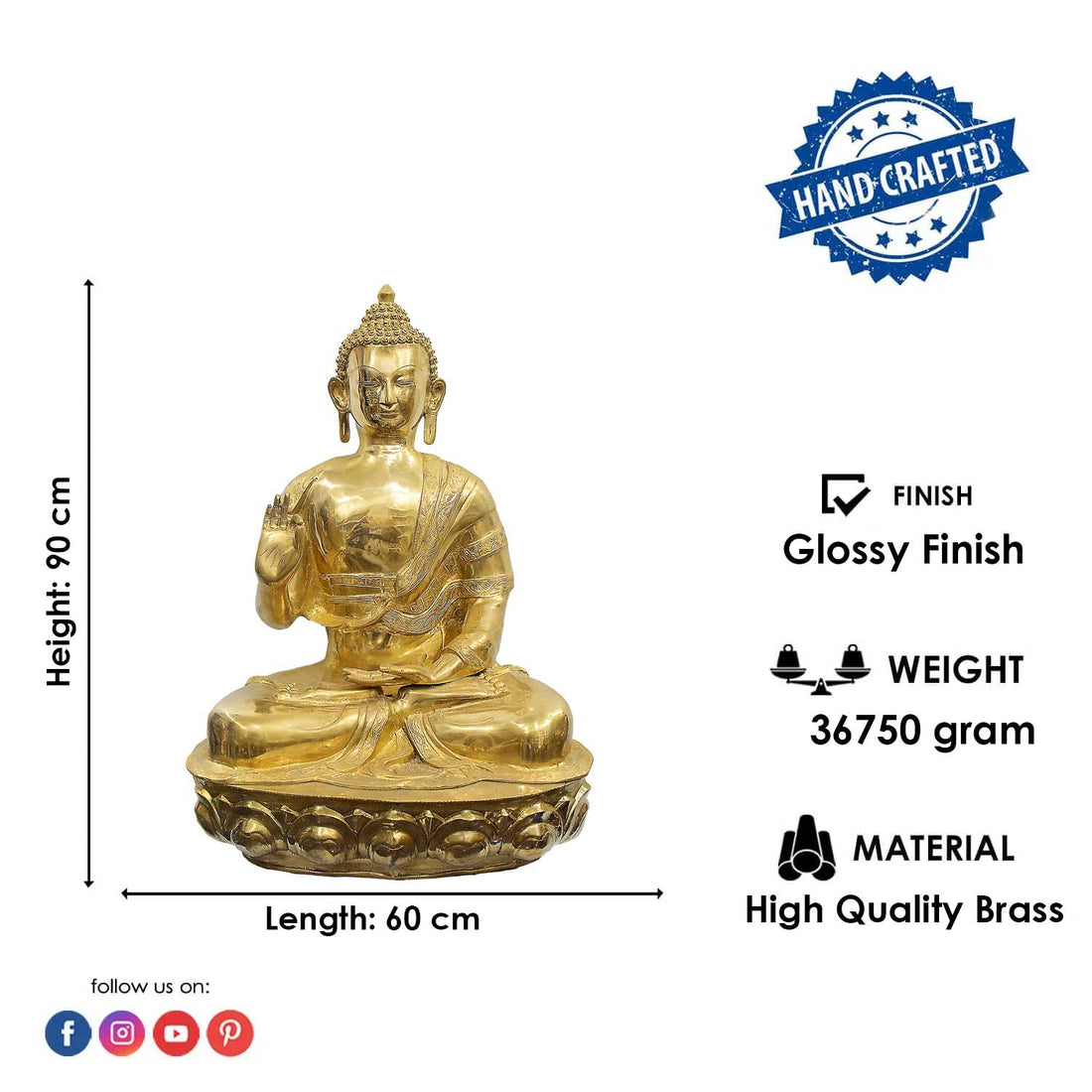 35 Inch Brass Seated Buddha Statue in Abhaya Mudra on Lotus