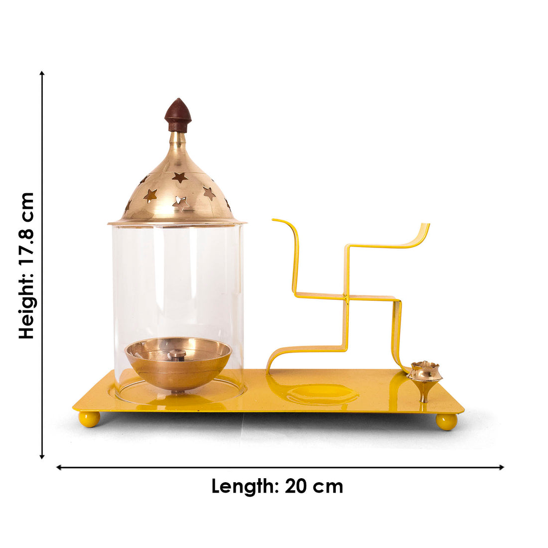 Brass & Metal Swastik Chimney Diya Tray with Incence Holder (Yellow)