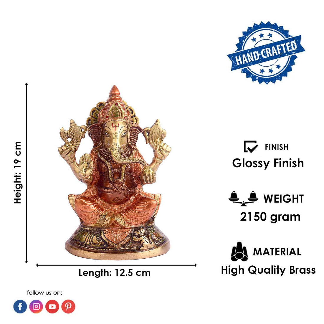 7.5 Inch Chaturbhuj Ganesha Pure Brass Idol