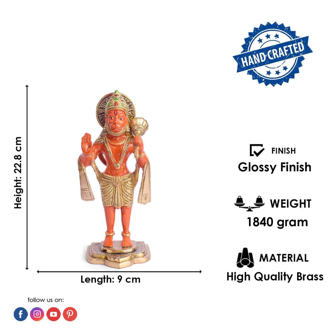 9 Inch Kesari Hanuman Standing Brass Idol