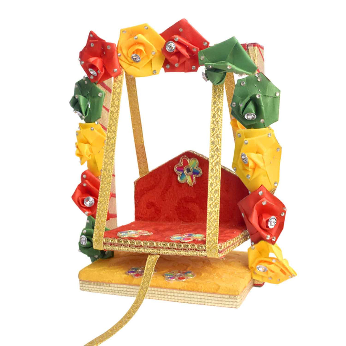 Royal Wooden Velvet Jhula – Floral Gota Swing for Laddu Gopal