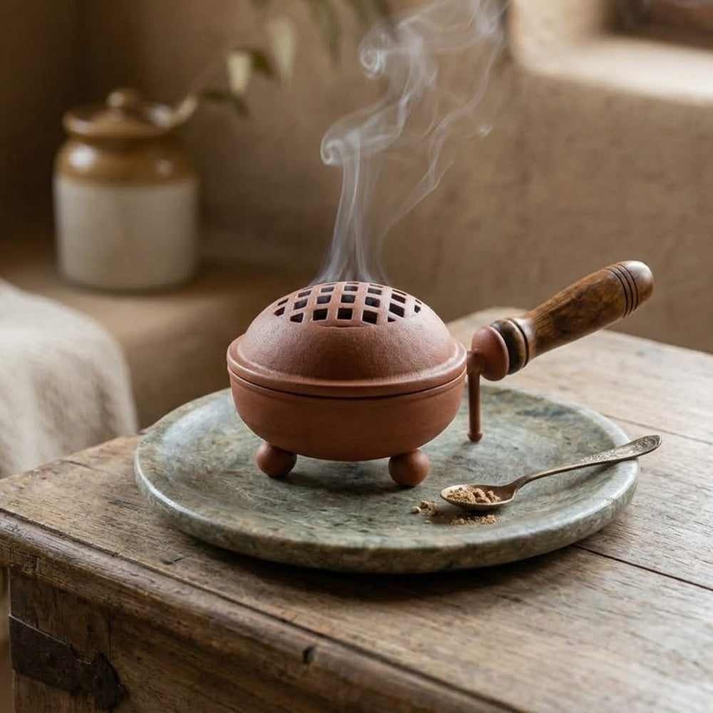 Traditional Dhoop Dani Incense Burner Holder with Wooden Handle