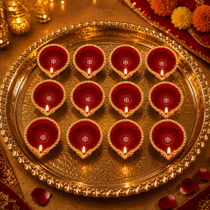 12 Pack Elegant Handcrafted Clay Diyas for Diwali