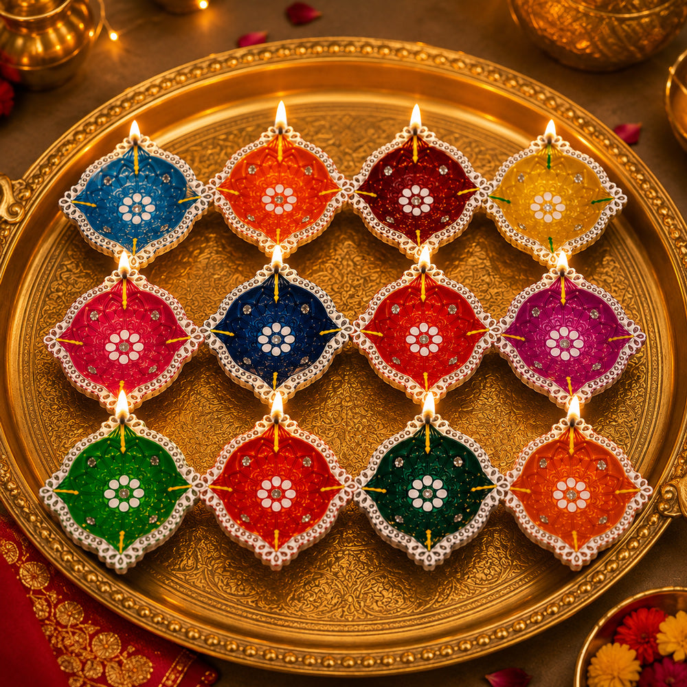 12 Pack Handcrafted Multicolor Diamond Clay Diyas