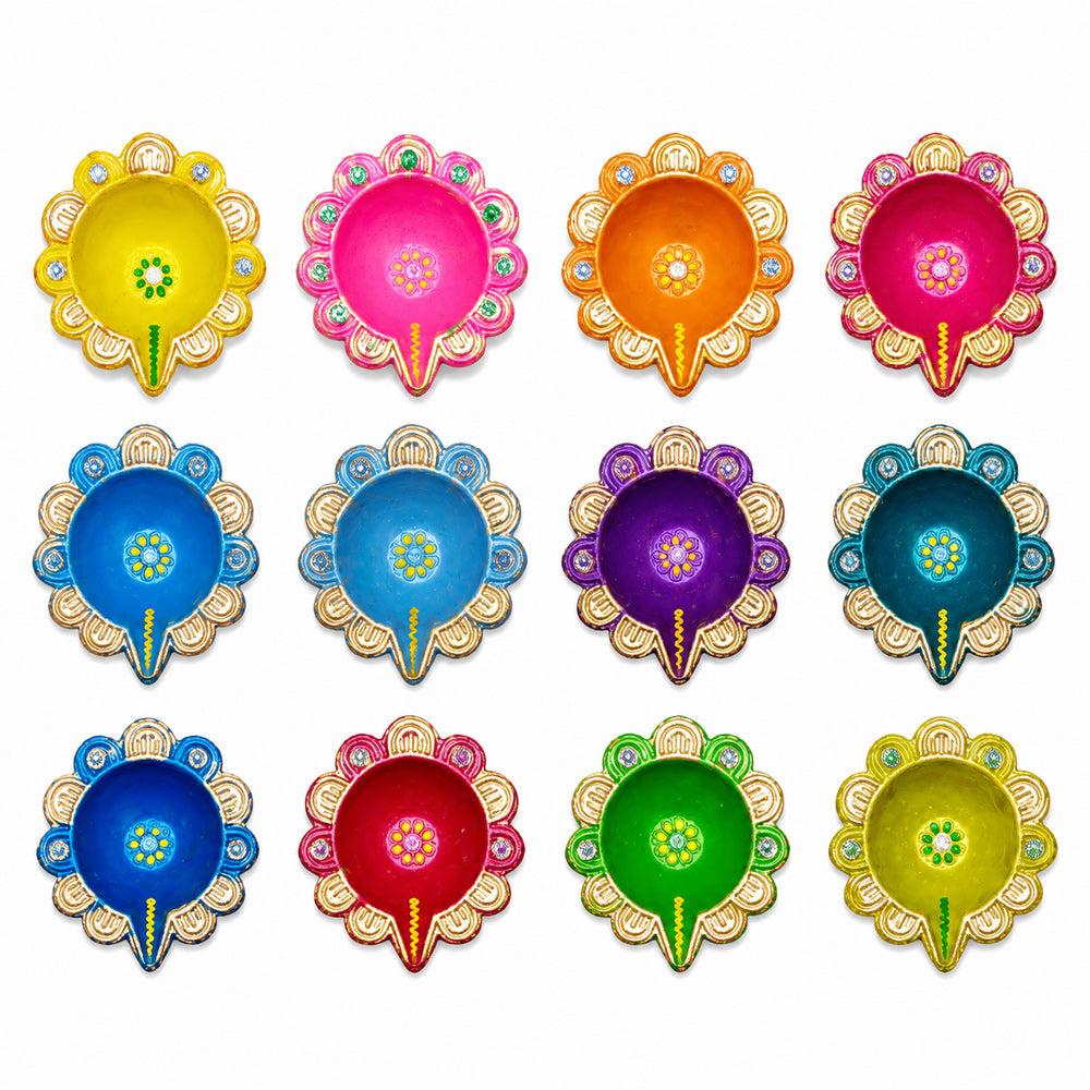 12 Pcs Handcrafted Floral Scalloped Diwali Clay Diyas