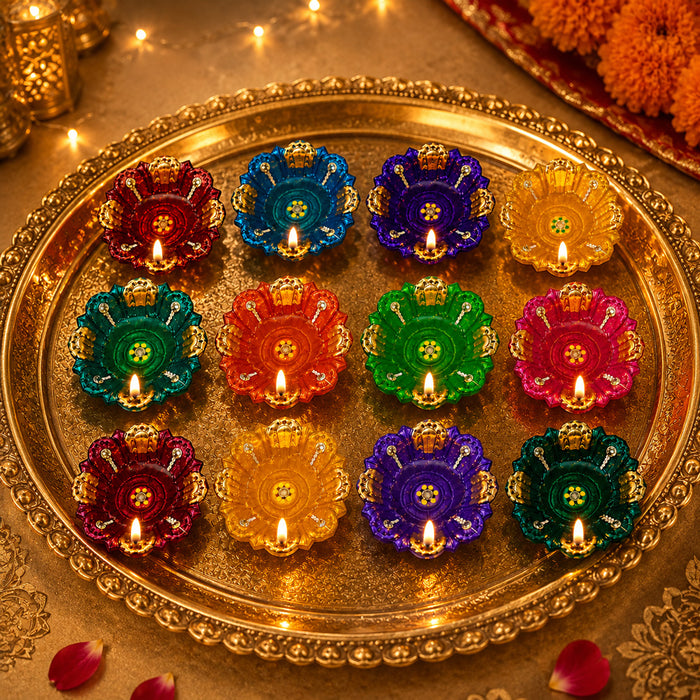 12 Pcs Multi-Colored Lotus-Design Terracotta Clay Diyas