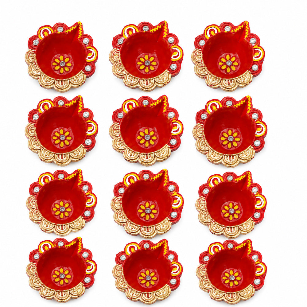 12 Pcs Handcrafted Red & Gold Earthen Diwali Clay Diyas