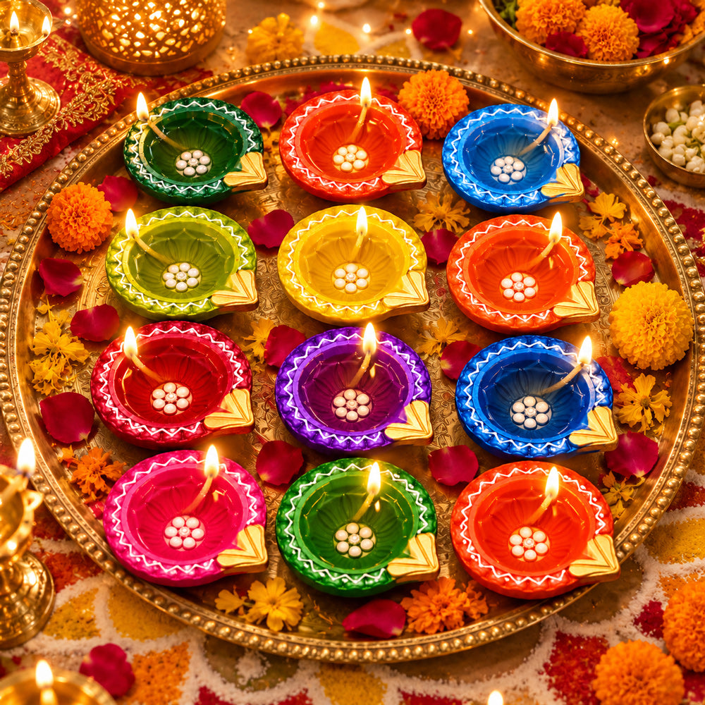 12 Pcs Premium Handmade Round Zigzag Border Clay Diyas