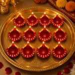 12 Pcs Yellow Stripes Traditional Red & Gold Clay Diyas