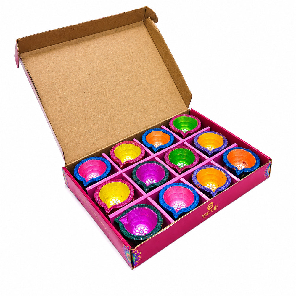 12 Pcs Handcrafted Dual-Tone Multicolor Diwali Clay Diyas