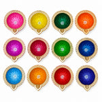 12 Pcs Leaf Spout & Pearl Center Hand-Painted Clay Diyas