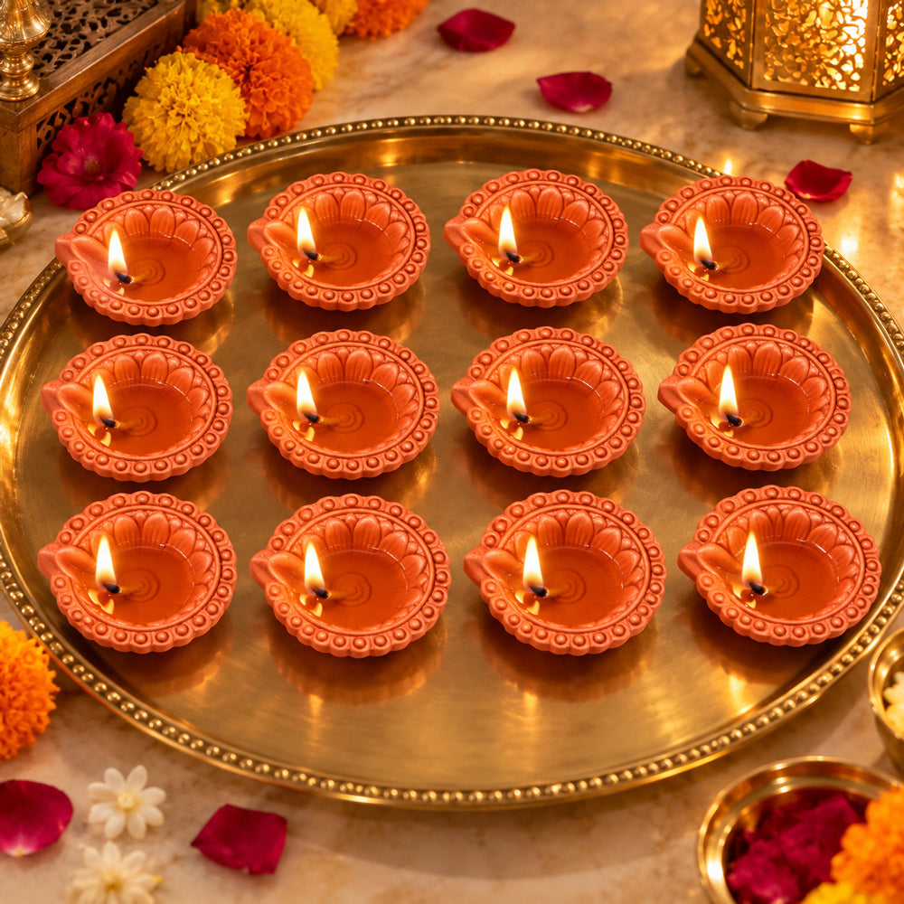 12 Pcs Handmade Flower-Carved Scalloped Clay Diyas