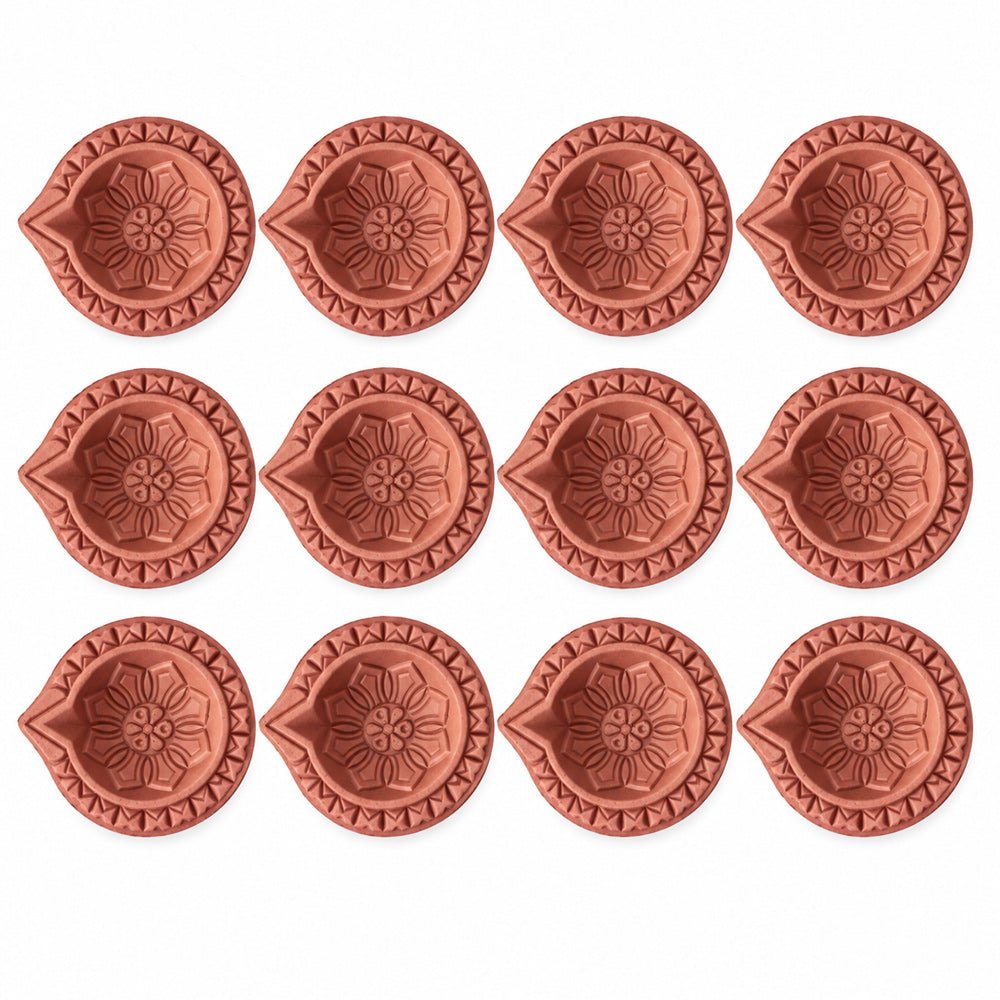 12 Pack Lotus & Mandala Pattern Carved Clay Diyas