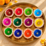 12 Pcs Hand-Painted Silver Border Decorative Clay Diyas