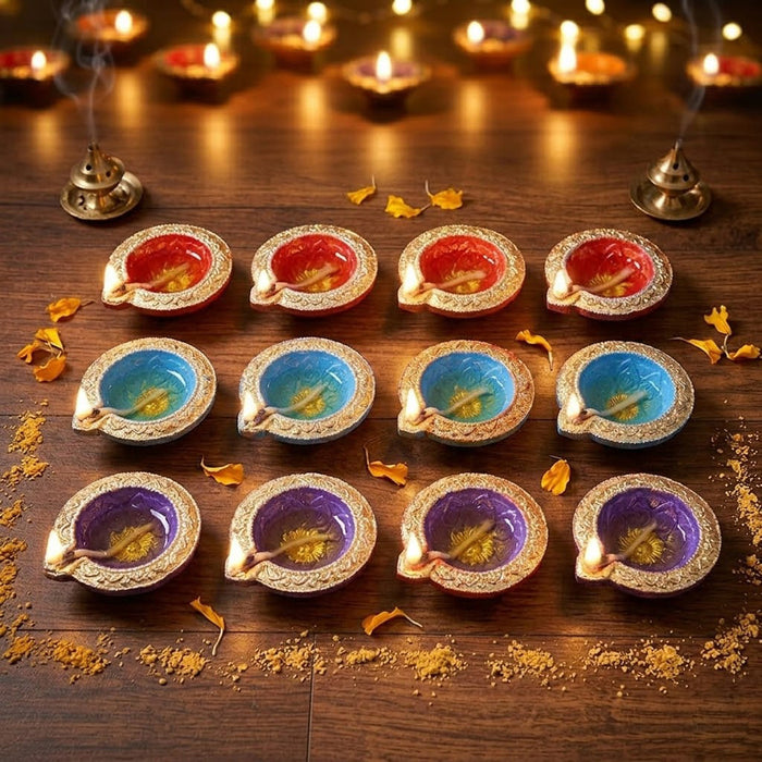12 Pack Traditional Metallic Gold Lotus Center Clay Diyas