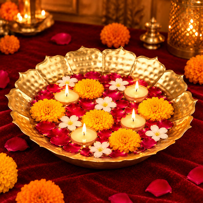 Metal Lotus Shape Urli for Decor With Floating Diya