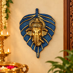 1 Pc Lord Ganesh Face on Leaf Patta Wall Hanging - Blue