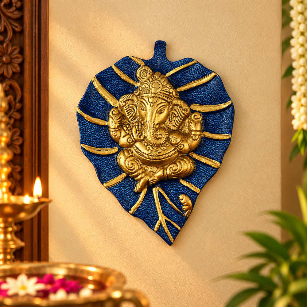 Lord Ganesh on Leaf Patta Wall Hanging - Blue